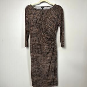 Talbots Women's Jersey Stretch Faux Wrap Side Ruche Sheath Dress Brown Medium